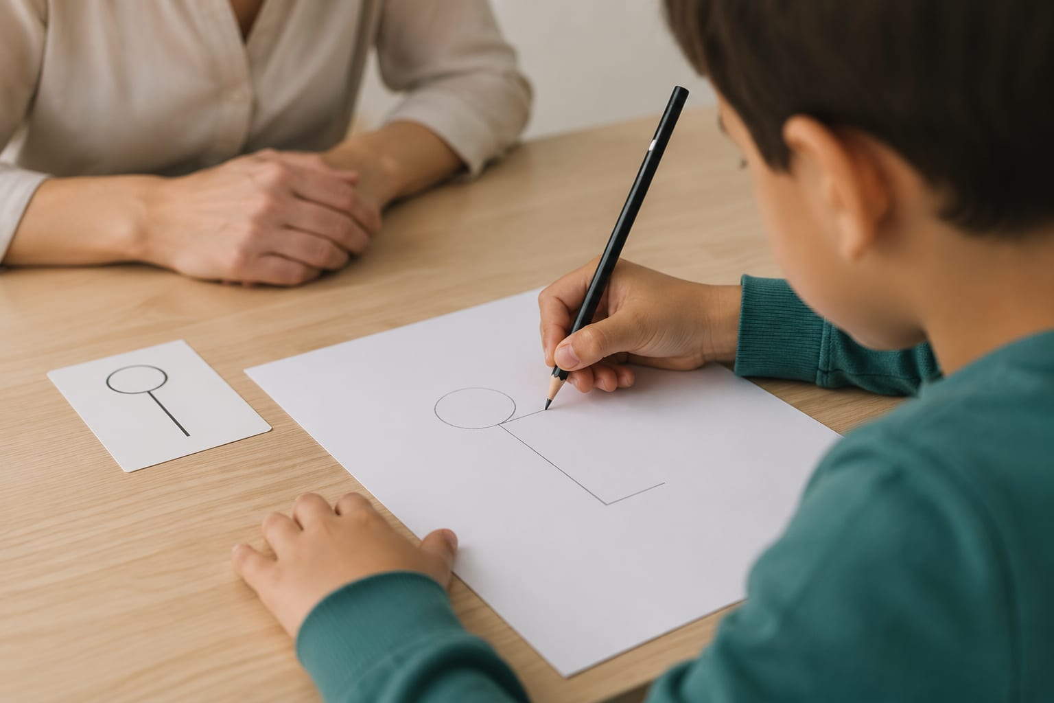 Bir çocuk, önündeki karttaki geometrik şekli kâğıda kopyalıyor